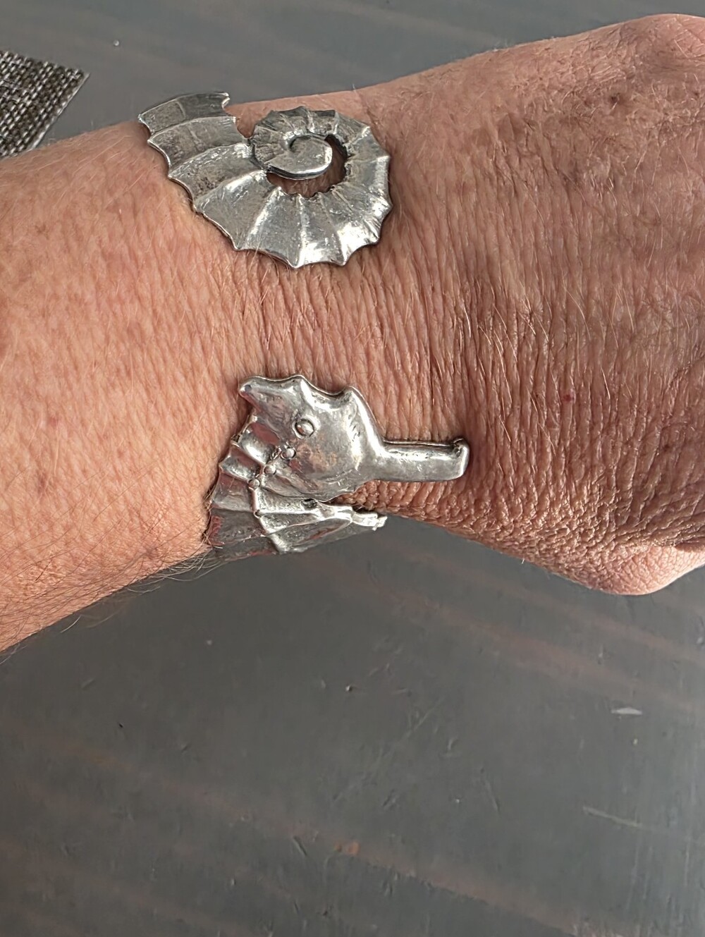 Silver Seahorse & Nautilus Cuff Bracelet - Silver Tone Pewter Adjustable